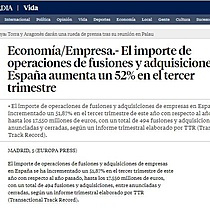 El importe de operaciones de fusiones y adquisiciones en Espaa aumenta un 52% en el tercer trimestre